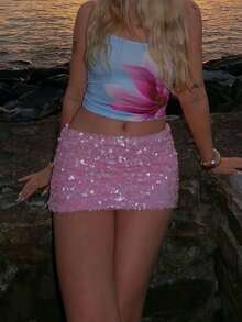 Women's Sparkly Sequin Mini Skirt Slim Fit Bodycon Rave Party Club Short Pencil Skirts - Hồng - Xem 3