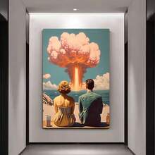Póster de lona con marco retro de pareja, arte de lona - Escena de nube rosa vibrante y bomba atómica, para sala de estar, dormitorio, cocina o baño, impresión de lona premium con diseño artístico de alta calidad y arte de pared humorístico - Enmarcado - Ver 4