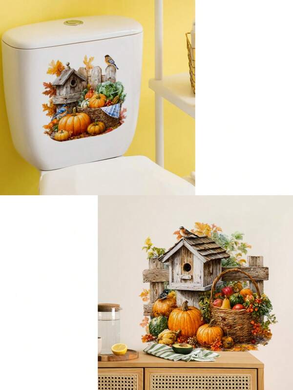 Bright Pumpkin And Vegetable Basket And Bird House Design Features A Self- Adhesive Sticker With A Matte Finish That Is Easy To Stick On Walls, Doors, Refrigerators, Toliet And Bathrooms. Colorful Autumn Harvest Home Decoration Wall Sticker