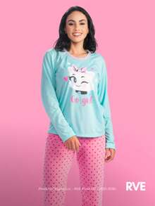 Pijama Feminino de Frio Calça e Blusa Manga Longa Conjunto Blogueira Estampado Master Confort Bichos Fofinhos - Azul Royal - Visão 3