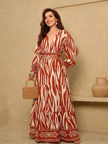 All-Over Print Ruffle Hem Button With Belt - Palony pomarańczowy - Zobacz 2