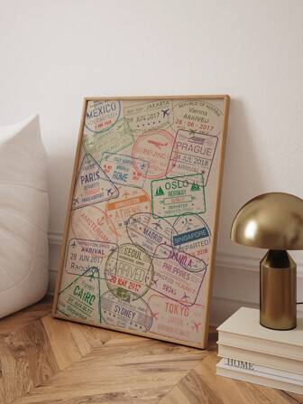 1 Piece Passport Stamps Hanging Painting Retro Canvas Poster Travel Print Painting World City Poster Cool Room Wall Decor Picture Bedroom Living Room Dorm Wall Decoration Idea Gift No Frame