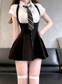 1pc Sweet Academic Style High Waist Single-Breasted Suspender Skirt + Short Sleeve Top Set, Cosplay Outfit, Couple Interaction, Photo Studio Shooting, Suitable For All Holidays, Valentine's Day Gift, Everyday & Holiday Wear Halloween