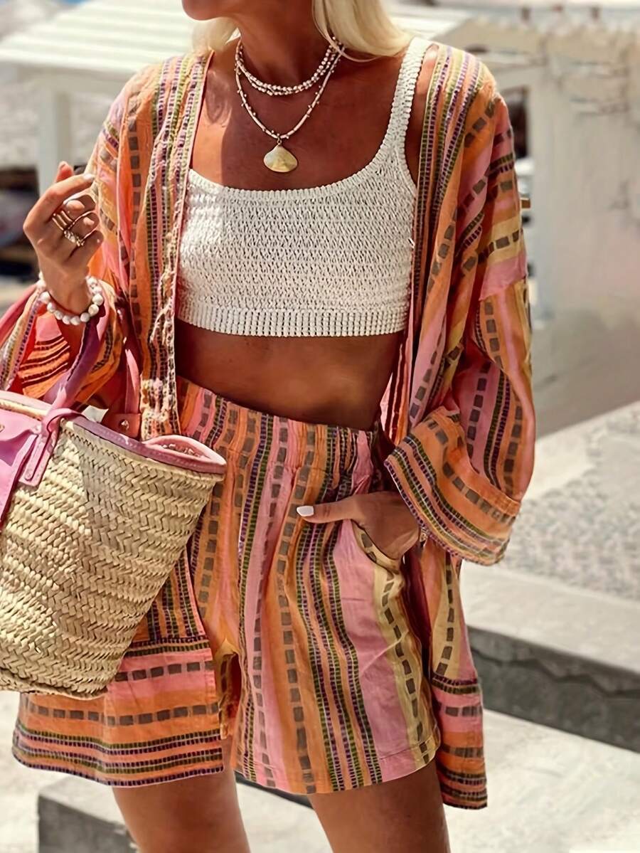 2pcs Fashion Allover Print Loose Top & Shorts Set, All Over Striped Bohemian Woven Fabric, Elegant Casual Vacation Outfit, Suitable For Spring & Summer