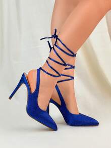 Fully Rhinestone Lace-Up Pointed Toe Sexy High Heel Sandals For Women - Blue - View 5