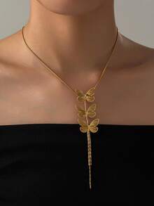 时尚金色优雅风格蝴蝶流苏吊坠不锈钢长款女士项链，适合女性日常佩戴或参加派对 - 金黃色 - 查看 1