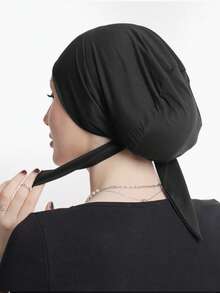 1pc Solid Color Hijab, Simple Fashionable Soft And Comfortable Drawstring Headband Turban Hijab Cap, Headscarf, Suitable For Daily Life And Outdoor Sports For Dress - Black - View 3