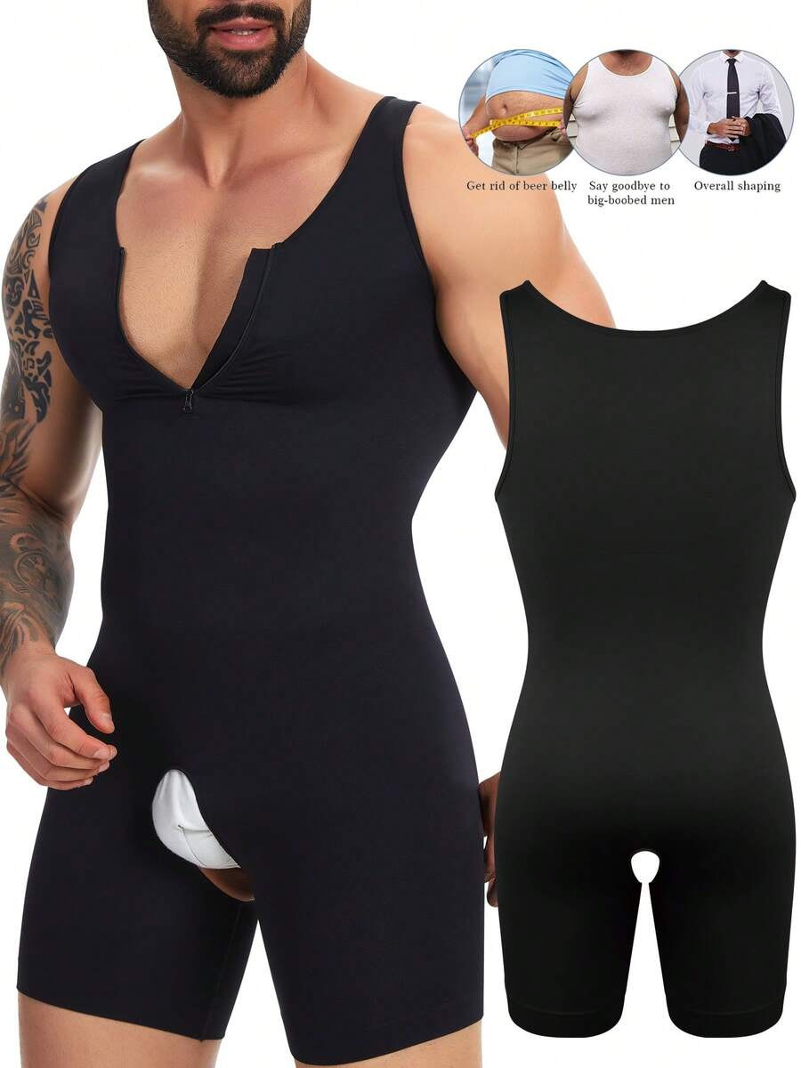 Body moldeador para hombre para control de abdomen, camisetas de compresión para ginecomastia, moldeador de cuerpo completo con cremallera - Negro - Ver 1