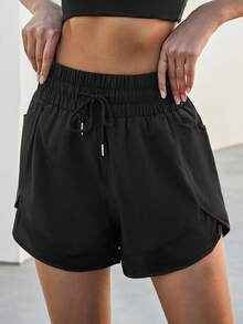 Shorts de yoga deportivos 2 en 1 de secado rápido para mujer con bolsillos de malla, tejido transpirable y cordón ajustable. Pantalones cortos cómodos y transpirables. - Negro - Ver 3
