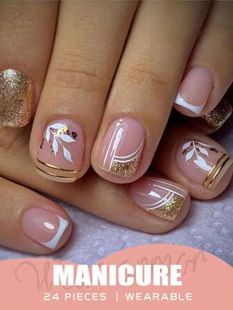 Add A Little Romance 24 Pieces Of Short Square Nails French White Edge Wearable Nail Set Gold Glitter Stripes Press-On Nails White Leaf Stripes Fresh And Simple Nail Stickers Summer Nails Send A Piece Of Jelly Glue A Nail Rub Full Coverage Wearable False Finger Set Suitable For Women And Girls To Wear In Various Scenes Nail Supplies Nails