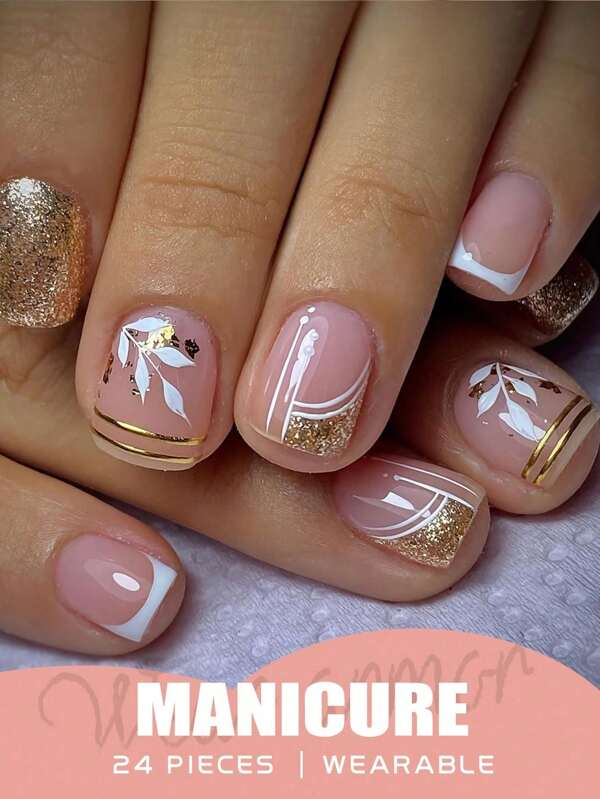 Add A Little Romance 24 Pieces Of Short Square Nails French White Edge Wearable Nail Set Gold Glitter Stripes Press-On Nails White Leaf Stripes Fresh And Simple Nail Stickers Summer Nails Send A Piece Of Jelly Glue A Nail Rub Full Coverage Wearable False Finger Set Suitable For Women And Girls To Wear In Various Scenes