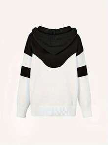 Fall/Winter Casual Patchwork Drawstring Pocket Hooded Collar Top For Women - Black - View 2