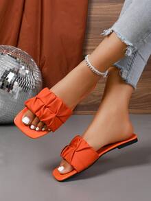 Women's Orange Pleated Leather Comfortable Open Toe Strap Slide Sandals, Casual Fashion Beach Shoes - Orange - View 3