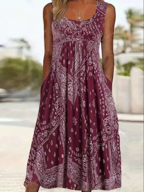 [Vestido largo de moda de verano] Vestido largo con pliegues de talla grande - Estampado floral, mezcla elástica de poliéster, cuello redondo, falda plisada para mujer