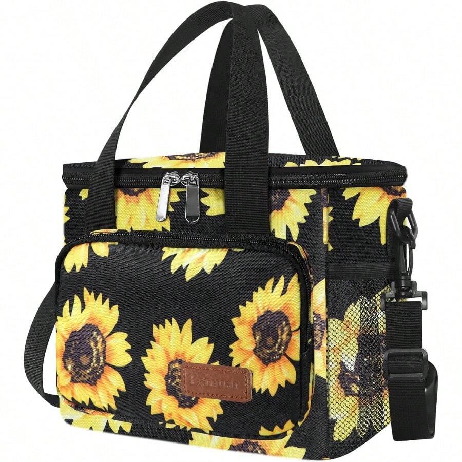 Local Shipping-Femuar Reusable Lunch Box For Men/Women - Insulated Lunch Bag Leakproof Lunchbox For Work Office Picnic Beach - Freezable Lunch Cooler Bag With Adjustable Shoulder Strap - Black - 向日葵 - 查看 1