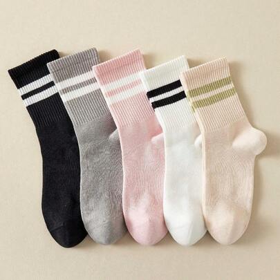 5 pares de calcetines de moda a rayas de unicolor para mujer, suaves, cómodos y transpirables, calcetines casuales de tubo medio, adecuados para uso diario | Calcetines de marinero a rayas de colores, adecuados para Halloween