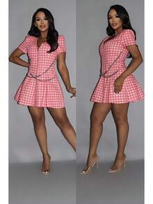 HOUNDSTOOTH CHAIN-BELT MINI DRESS - Pink - View 3
