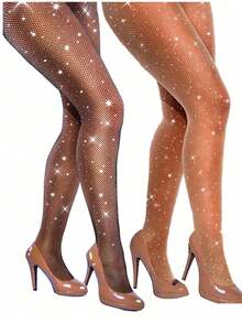 半双装女士加大码性感亮片渔网长筒袜和高腰水钻渔网连裤袜，适合派对穿着（长筒袜颜色为浅肤色，非深肤色）。圣诞礼物 - 彩色 - 查看 5