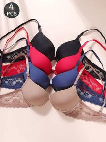 4pcs Ladies Casual-Comfortable Minimalist-Elegant French Mature Charm-Lace Splicing Wire-Free Gathering Bras