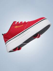 2025 1 Pair Embroidered Letter Canvas Contrast Color Fabric Patchwork Low Top Lace-Up Round Toe TPR Sole White Black Red Wheels Dual Row Four Wheels Casual Sports Style Outdoor Indoor Wearable Rollable Fashion Comfortable Versatile Season Teenage Roller Skate Shoes