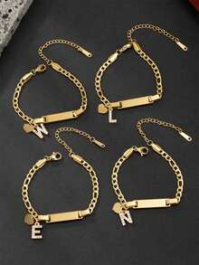 Personalized Custom Engraved Name Bar Bracelet Gold Figaro Chain With Heart & Rhinestone Initial Letter Charms Custom Text Adjustable Wristband Jewelr - Gold - View 6