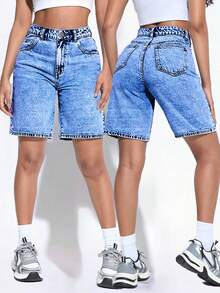 Quần short Bermuda denim dáng rộng cạp cao thời trang nữ, thích hợp mặc mùa hè. - Rửa trung bình - Xem 1