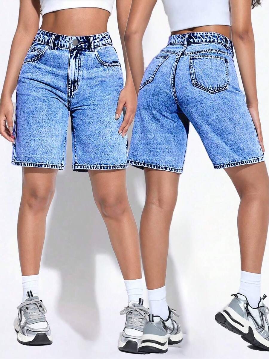 Quần short Bermuda denim dáng rộng cạp cao thời trang nữ, thích hợp mặc mùa hè. - Rửa trung bình - Xem 1