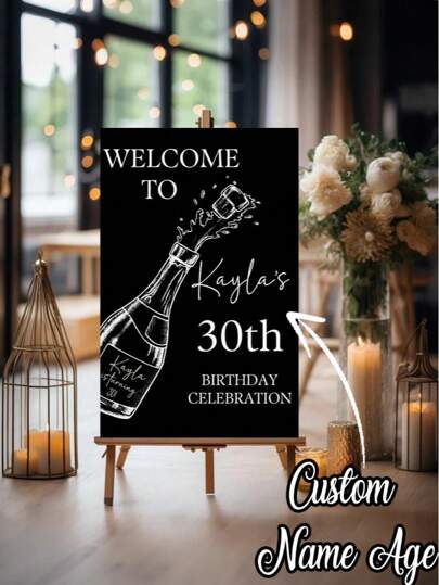 1PC Customized Birthday Posters, Personalized Black And Silver Wine Bottle Celebration Posters, Happy Birthday Welcome Signs, Elegant Welcome Posters, Customized Name Birthday Signs, Customized Posters, Birthday Party Decorations, Unique Birthday Gifts