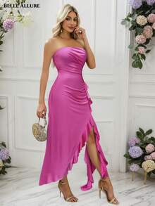 Vestido largo con escote sin tirantes y abertura alta en color magenta elegante y de moda. Elaborado con tela de poliéster de alta calidad, adecuado para vestidos de noche y se puede usar fácilmente en cualquier ocasión formal. - Ver 4