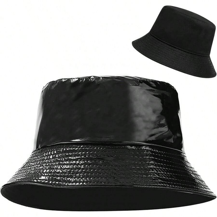 Reversible Bucket Hat For Women, Cute Beach Fisherman Style - Pu Leather Black - View 1