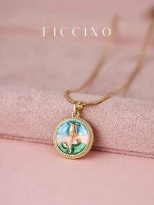 FICCINO 复古永生花多色圆形吊坠项链，镀金钛钢链可调节长度，波西米亚风格珠宝配礼盒 - 1564n - 查看 2