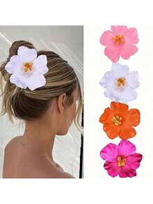 4 件/套浴室发饰夏威夷花发夹，4 件/3.5 英寸人造花发夹，波西米亚风格芙蓉花发夹，适合度假、海滩、派对、秋季装饰女孩热带花发饰，节日礼物
