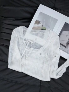 Apricot Oversized Crew Neck Slim Fit Ripped Knitted Top With Shoulder Cut-Outs, Tie Bow Design, Long Sleeve Cover Up Shawl Jacket For Women, Sun Protection - Apricot - View 4