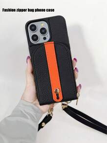 1pc Large Capacity Zipper Wallet Phone Case, Quilted Dual-Tone Half-Circle Leather Card Holder Phone Case With Detachable Shoulder Strap, Suitable For IPhone 16, 15, 14, 13, 12, 11 Pro Max, Women Holiday Travel Protective Cover With Stand Function
