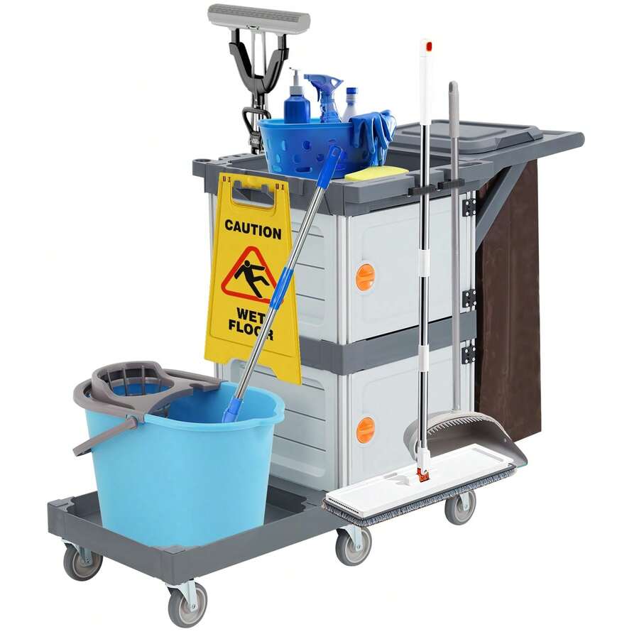 Studyset Commercial Janitorial Cart With 2 Cabinet,Housekeeping Caddy,3-Ply Multi-Purpose Engineered Plastic Housekeeping Cart With 30 Gallon Bag Hand Push Utility Cart,200 Lbs Load Capacity - Grey - View 1