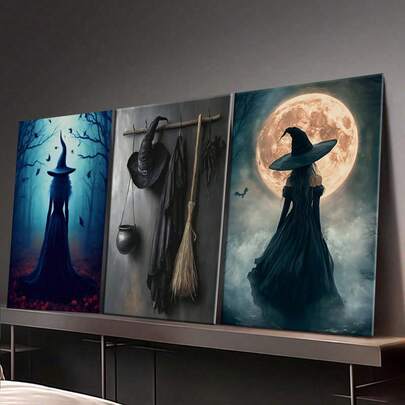 3PCS Wall Arts Posters Optional Frame PopDark Witchcraft Art Print, Witch Is Home Halloween Decor Gothic Wall Art, Vintage Witch Painting, Dark Academia Aesthetic Witchy Artwork Home Decor Fall Decor Room Decor