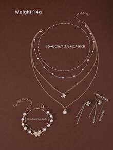 4 件套优雅珍珠蝴蝶多层项链、流苏蝴蝶耳环、珍珠手链首饰套装，适合女性派对、宴会、礼物 - 金黃色 - 查看 4