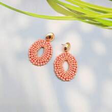 1 Pair Handmade Elliptical Hollow Boho Style Fashion Faux Crystal Earrings, Suitable For Women, Beach Holiday Or Daily Matching