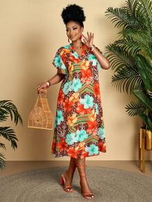BIUBIU Plus Size Women's Casual Geometric Print V-Neck Ruffle Sleeve Loose Mid-Length Dress, Suitable For Daily, Vacation (Pattern Random) - Orange - View 4