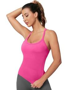 Workout Tops Women With Built In Bra, Sleeveless Gym Tops Seamless Racerback Athletic Yoga Shirts, Activewear - Peach Pink - View 7