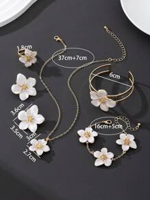 1 Set Luxury Resort Style White Flower Shaped Bracelet, Ring, Necklace, Earrings Women's Jewelry Set, Gift For Date, Couple