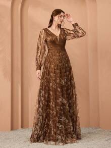 Mgiacy,New Arrival,V-Neck, Long-Sleeved Lantern Sleeves, Printed Mesh, Tie, Big Swing, High-End Evening Dress, For, Black Tie Event Dress