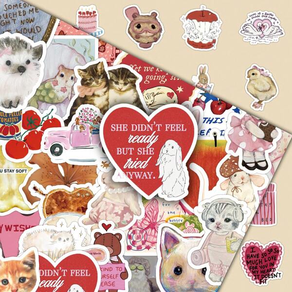 50pcs Cartoon Cute Retro T-Shirt Design Stickers, Simple Creative Personalized Decorative Stickers For Notebook, Cup