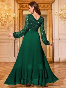 Elisanya Đầm Maxi dự tiệc trang trọng cổ chữ V ren hoa sequin tay áo lồng đèn viền bèo nhún, Đầm dự tiệc thanh lịch cho nữ, Đầm dạ hội trang trọng, Đầm dạ hội, Cho khách dự tiệc cưới, Tốt nghiệp, Tiệc tối - Xem 3