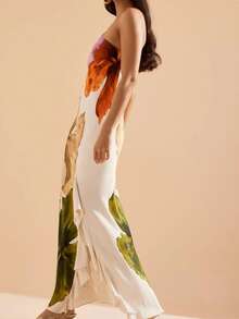 Women's One Shoulder Long Cami Dress Sleeveless Flower Print Beach Holiday Dresses - 黃色 - 查看 6