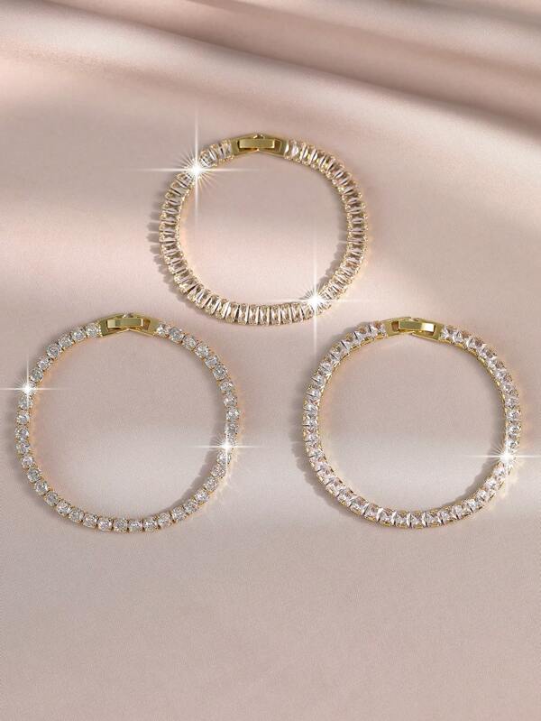 3pcs Shinning Round Square Geometric Zirconia Tennis Bracelets For Women Girl Daily Wear