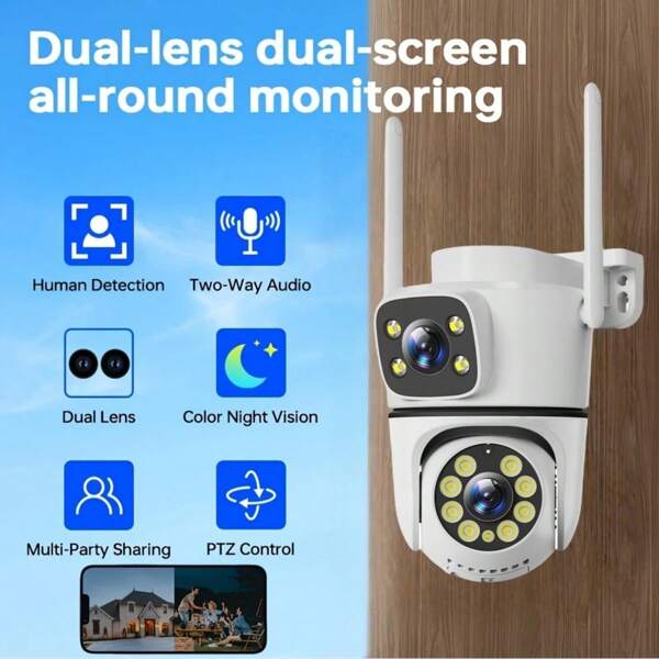 1 Unit Of 4MP (2MP + 2MP) Dual-Lens/Dual-Monitor Picture Intelligent Surveillance Camera, Powered By USB Data Cable, 2.4G Wireless WIFI Network Dual-Eye High-Definition Full-Color Night Vision Camera, Two-Way Voice, Motion Detection, Email Alert, Video Playback, Remote Viewing, Push Alert, Easy To Use, Suitable For Home, Office, Garden, Indoor/Outdoor