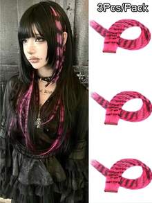 3 件豹纹印花假发条纹印花假发片彩色长直发夹式接发适合女士女孩日常使用派对万圣节节日