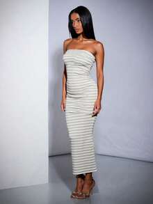 Vestiso mujer strapless largo maxi  rayas  color combinado   casual  dulce  sencillo   canalé  rib  abertura trasera caminar playa  noche de fiesta  vacaciones oficina  casa  diario  fiesta de cumpleaños  jardín  calle  concierto de música country  verano - Gris Claro - Ver 2