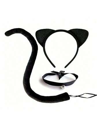 Cat Ears And Tail Set For Women - Black Cat Costume Accessories Kit(3PCS) | Halloween Cosplay, Party Favors, Sexy Catwoman Look | IncludesFluffy Ears, Faux Tail & Bell Choker Necklace | Adult Dress-Up